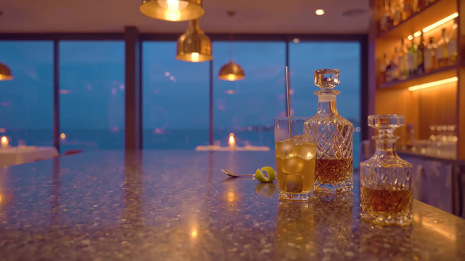 Signaturdrinken Gyllen time, gyllen over is med barskjeen i glasset, ved siden av to krystallkarafler på den mørke steinbenken, med flaskehyllene og havet i vinduet bak