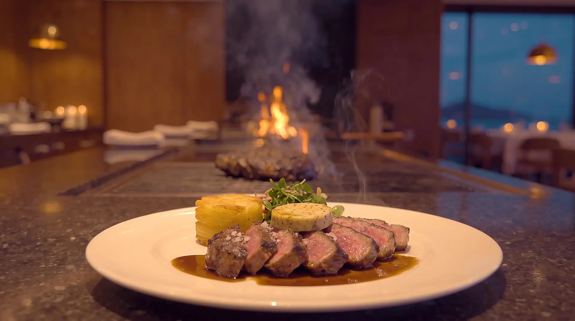 Skivet entrecôte med rosa kjerne, beinmargsmør og pommes anna på hvit tallerken, med grillen og havet bak