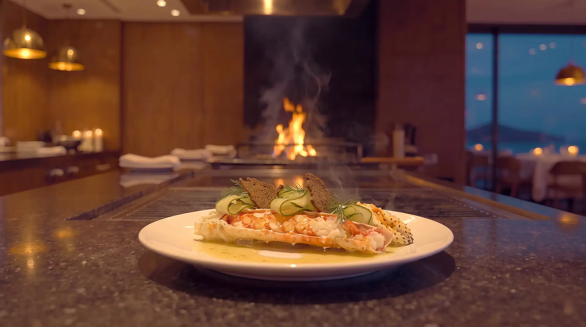 Kongekrabbe med sitrongress, syltet agurk og rugbrød på hvit tallerken, med grillen og havet bak