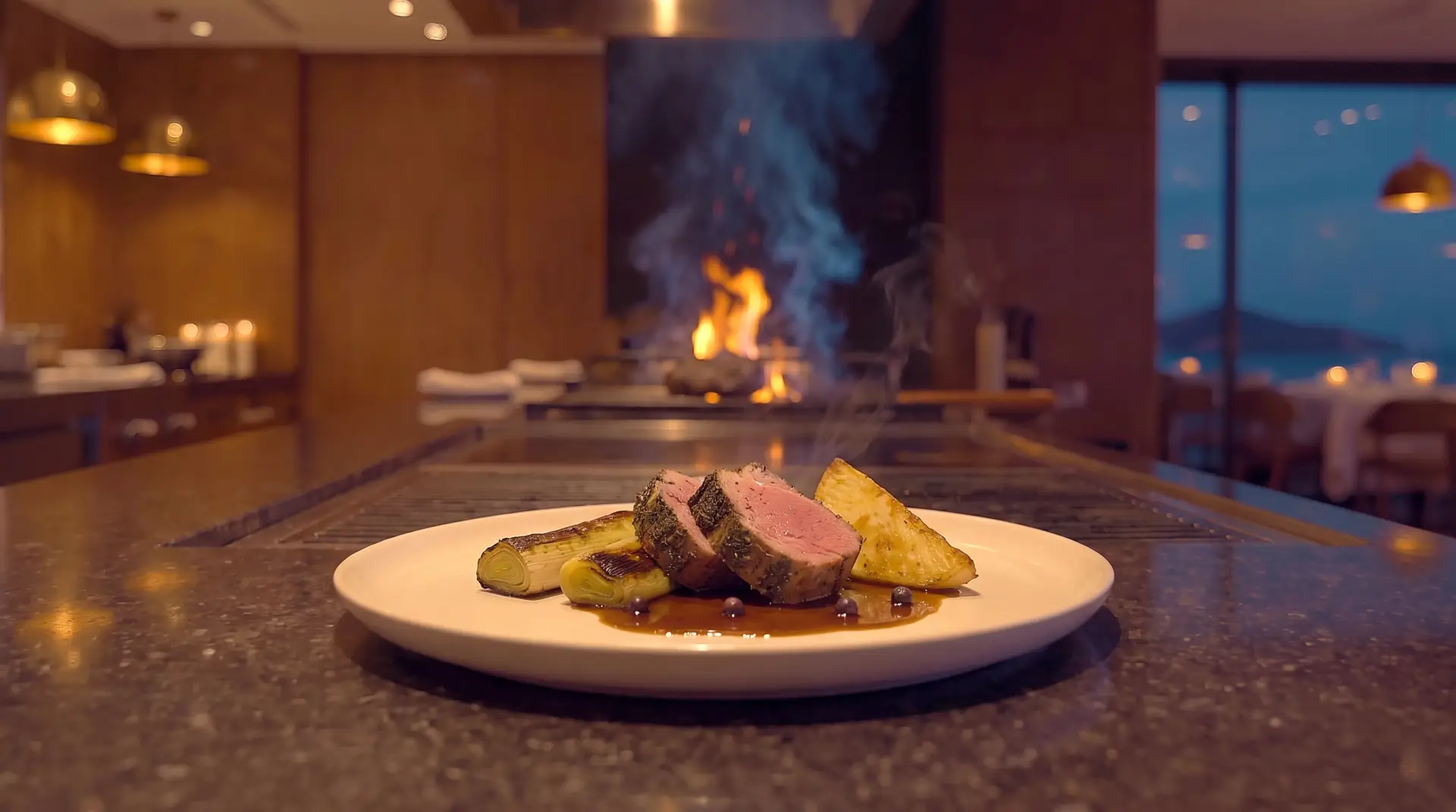 Lam fra Sørlandet med grillet purre, bakt sellerirot og einebærsjy på hvit tallerken, med grillen og havet bak